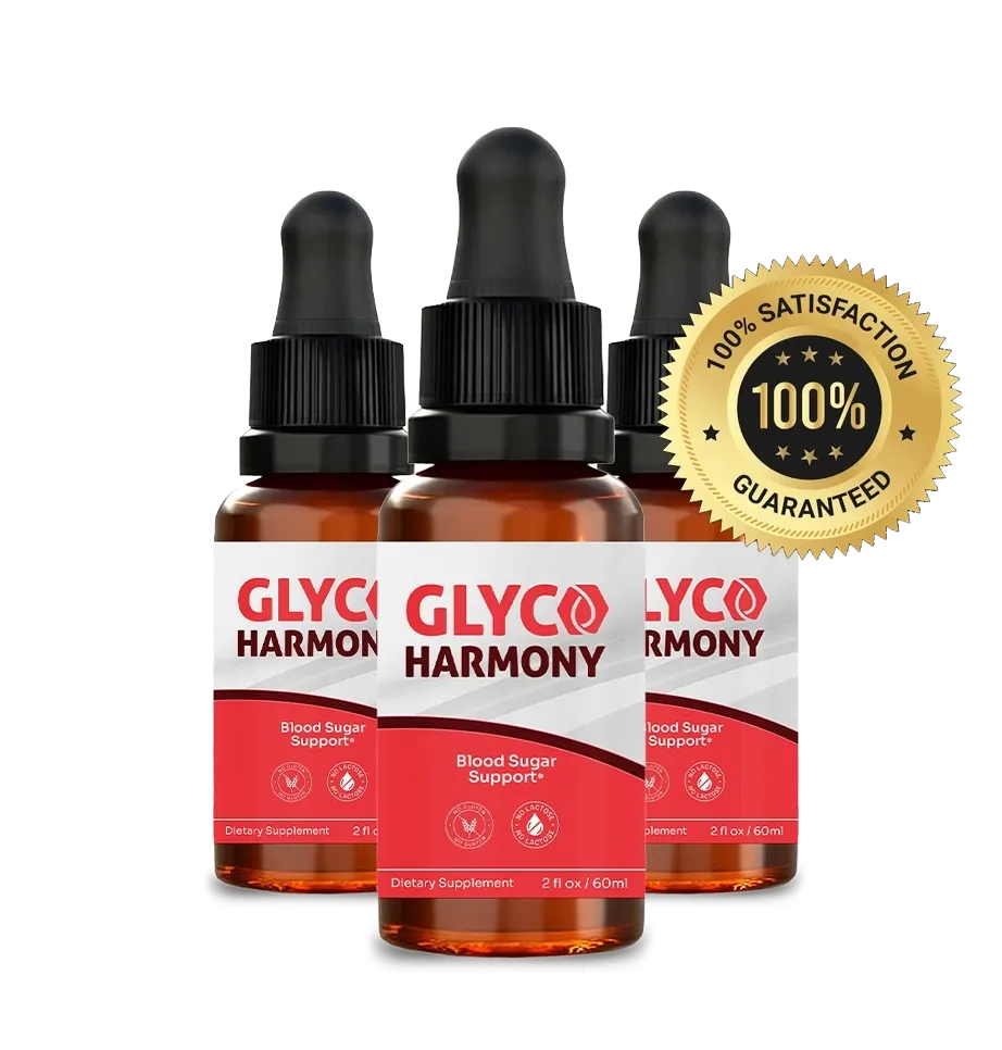 Three Glyco Harmony bottles with a 100% satisfaction badge