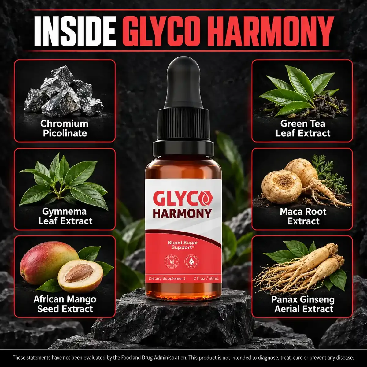 Inside Glyco Harmony graphic: chromium picolinate, gymnema, African mango, green tea, maca and Panax ginseng around a bottle