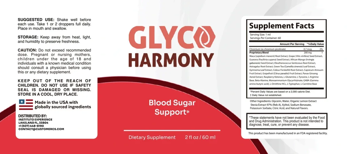 Full Glyco Harmony label with suggested use, caution, front panel and Supplement Facts