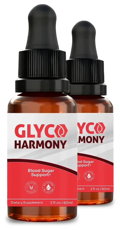 Two Glyco Harmony dropper bottles with red and white labels reading Blood Sugar Support, 2 fl oz