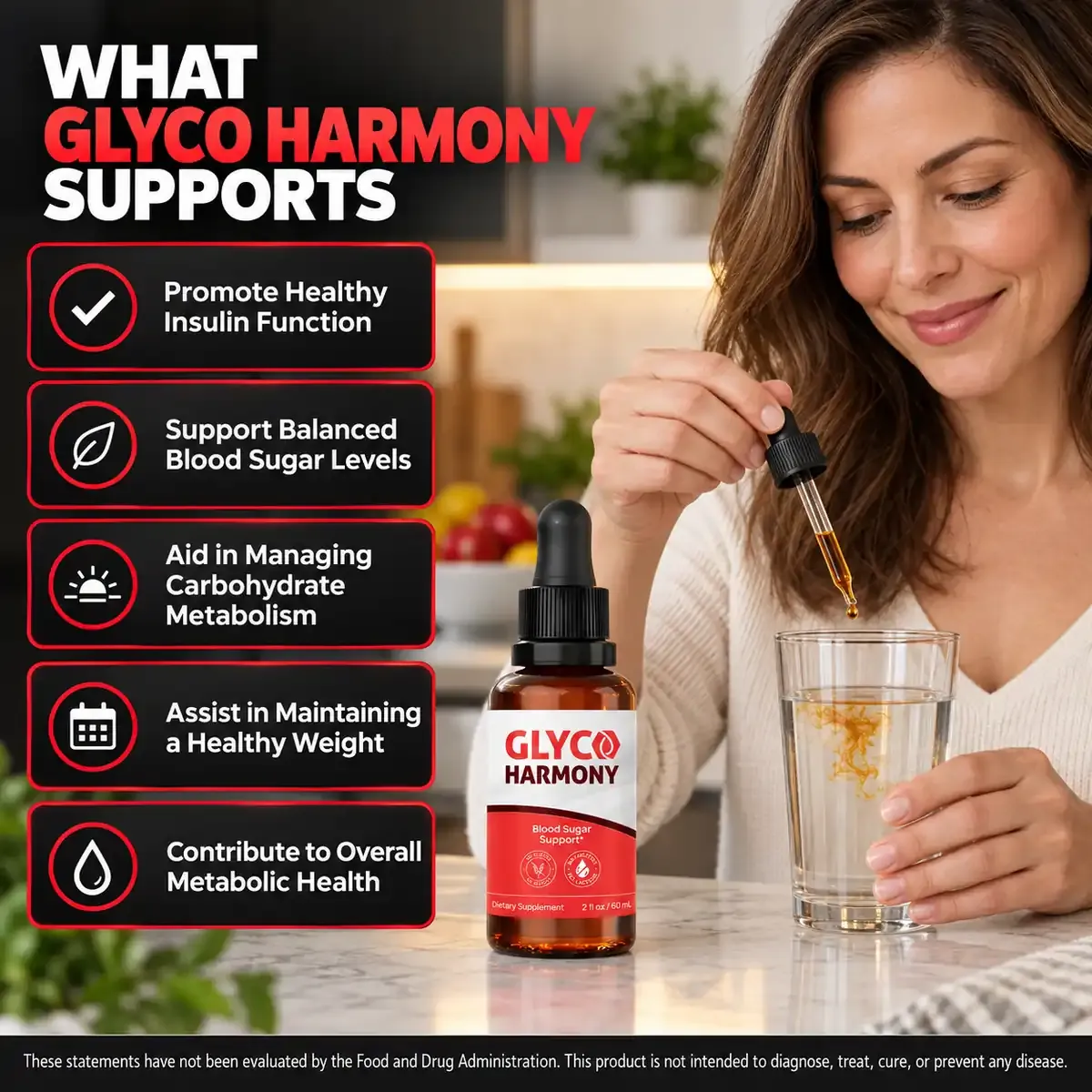 What Glyco Harmony supports graphic from the brand, with a woman using the dropper